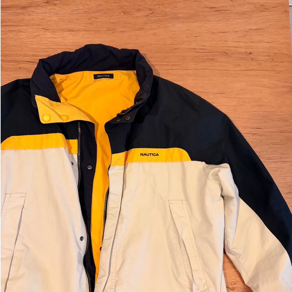 Nautica Mens Reversible Bomber Jacket Yellow Navy Cream Colorblock Windbreaker